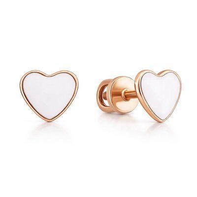 Stud Earrings Heart in 14K/585 Rose Gold with Enamel