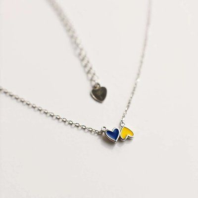 925 Sterling Silver Necklace Ukrainian Hearts with Blue and Yellow Enamel