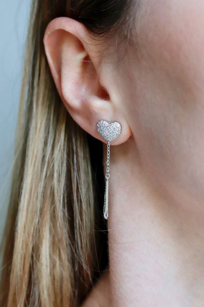 925 Sterling Silver Drop Heart Earrings with Cubic Zirconia