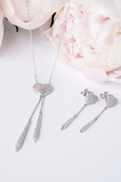 925 Sterling Silver Drop Heart Earrings with Cubic Zirconia
