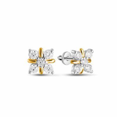Sterling Silver Stud Earrings with Cubic Zirconia and Gold Plated Details