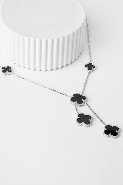 925 Sterling Silver Clover Necklace with Onyx