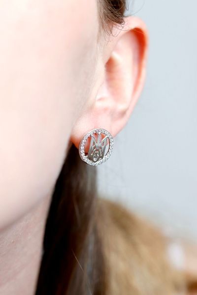 925 Sterling Silver Lever Back Earrings Tryzub with Cubic Zirconia