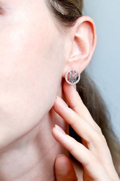 925 Sterling Silver Lever Back Earrings Tryzub with Cubic Zirconia