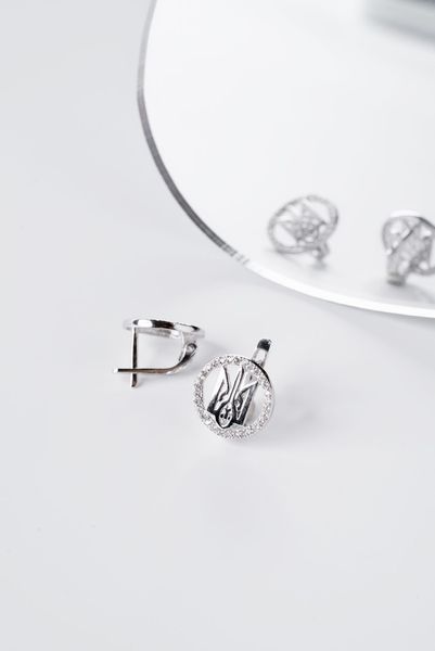 925 Sterling Silver Lever Back Earrings Tryzub with Cubic Zirconia