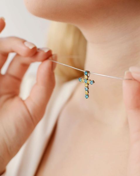 925 Sterling Silver Cross with Blue and Yellow Cubic Zirconia
