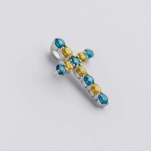 925 Sterling Silver Cross with Blue and Yellow Cubic Zirconia