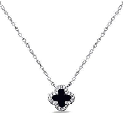 925 Sterling Silver Clover Necklace with Onyx and Cubic Zirconia