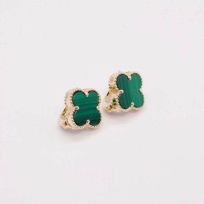 Clover Lever Back Earrings in 14K Yellow Gold with Malachite