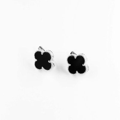 Lever Back Clover Earrings in 14K White Gold with Onyx