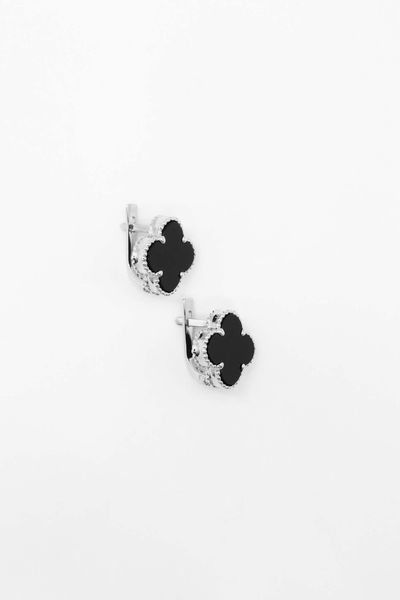 Lever Back Clover Earrings in 14K White Gold with Onyx