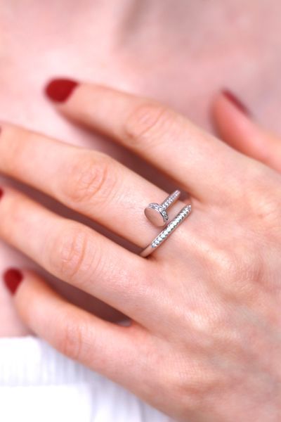 925 Sterling Silver Nail Ring with Cubic Zirconia