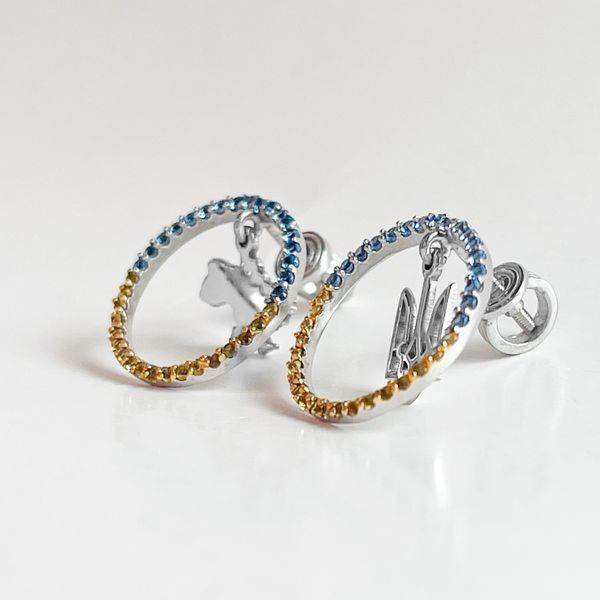Sterling Silver Stud Earrings with Tryzub and Map of Ukraine