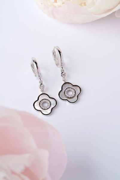925 Sterling Silver Drop Clover Earrings with Mother of Pearl and Cubic Zirconia