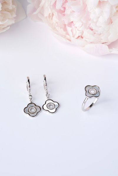 925 Sterling Silver Drop Clover Earrings with Mother of Pearl and Cubic Zirconia