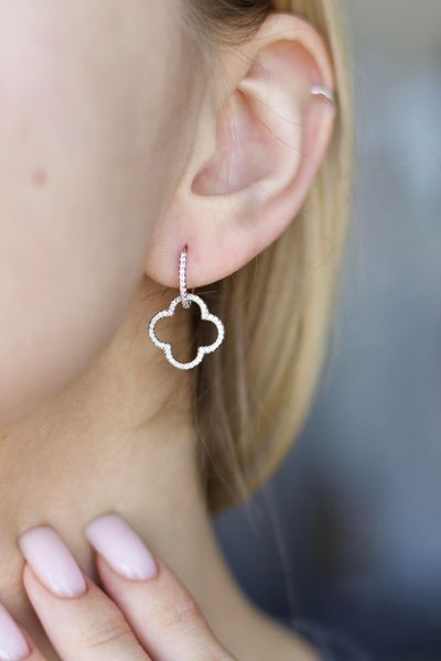 Sterling Silver Clover Drop Earrings with Cubic Zirconia